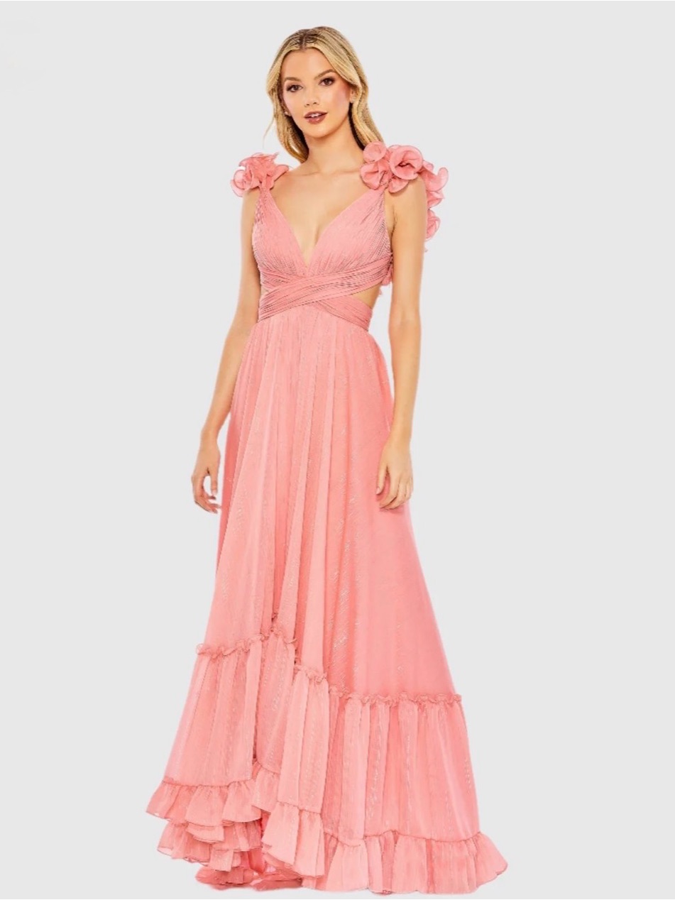 Mac Duggal Pink (Coral) Ruffle Sleeve V Neck A Line Gown
